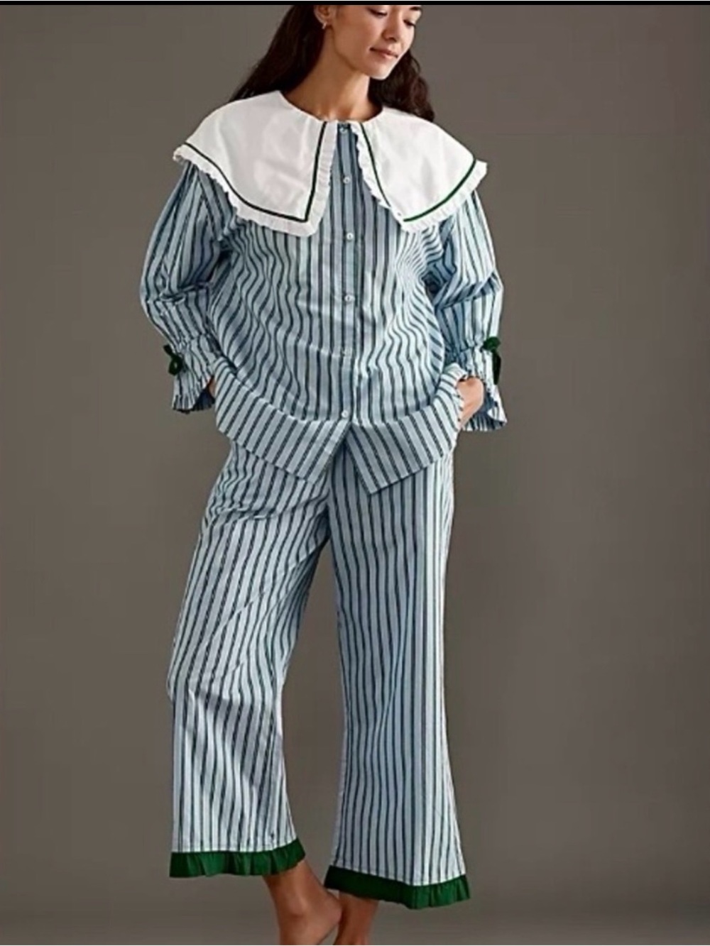 Striped Cotton Sleep Set with great LARGE Contrast Collar and Cuff Trim